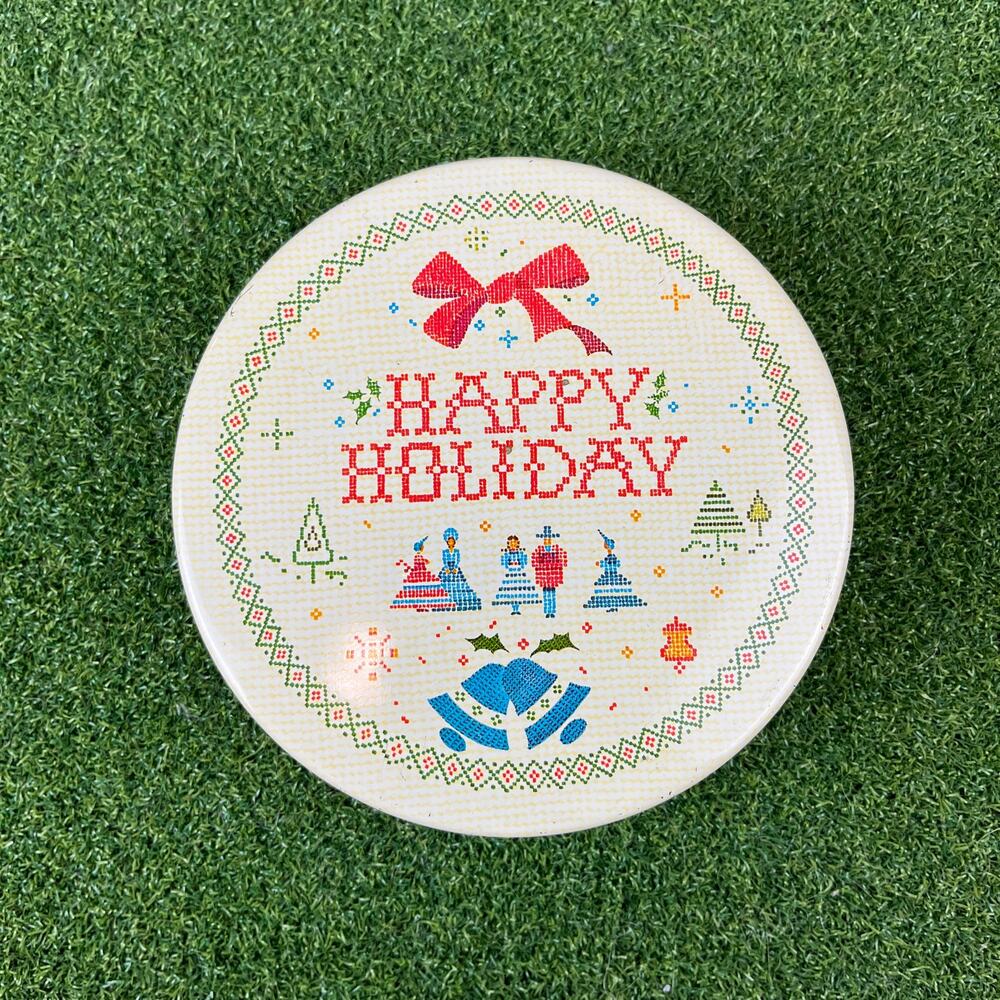 Vintage Happy Holiday Christmas Tin Cross Stitch Sampler Round Cookie Tin 6"
